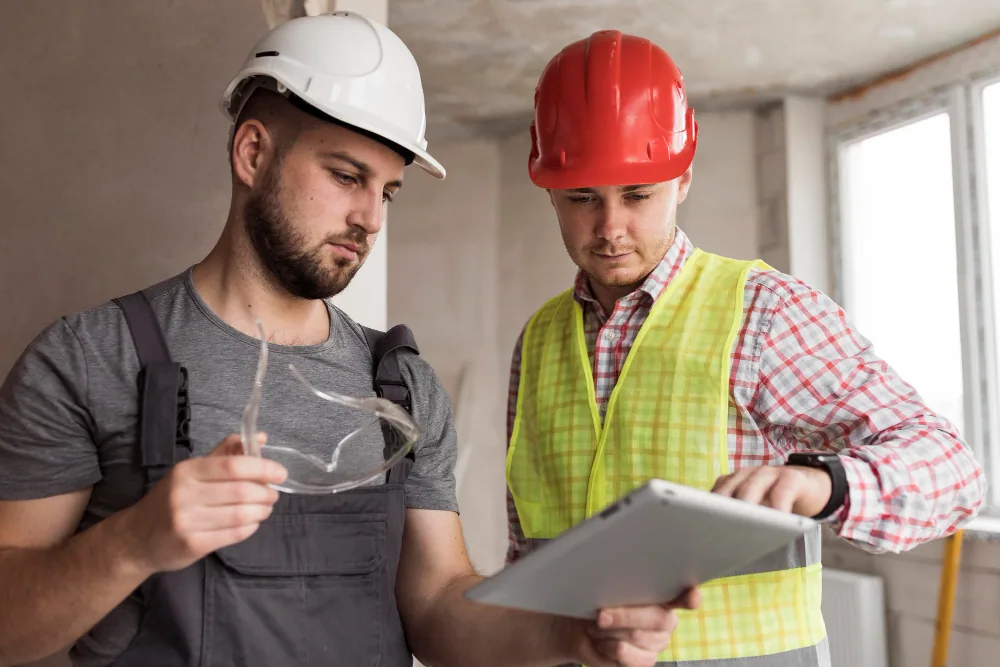 Workers reviewing a tablet