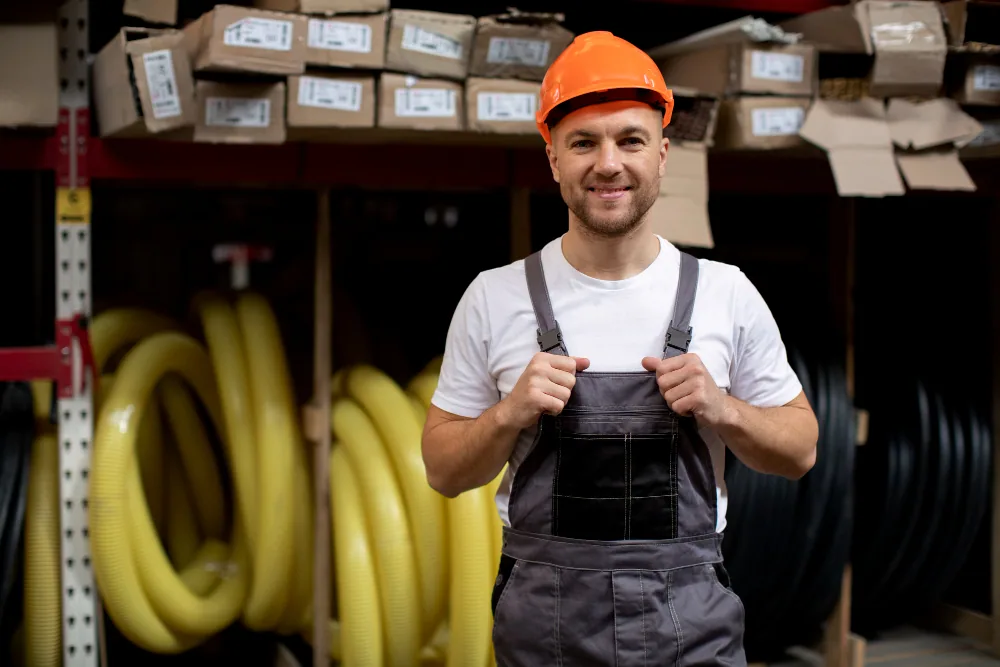 Warehouse worker in an orange hard hat